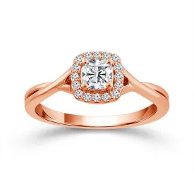 14K Rose Gold Cushion Cut Diamond with Halo and Twisted Shank Engagement Ring