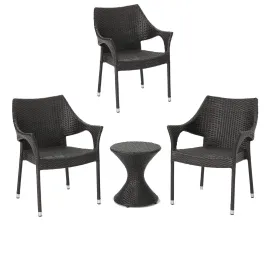 4 Piece Rattan Chat Set with Stacking Chairs and Hourglass Side Table