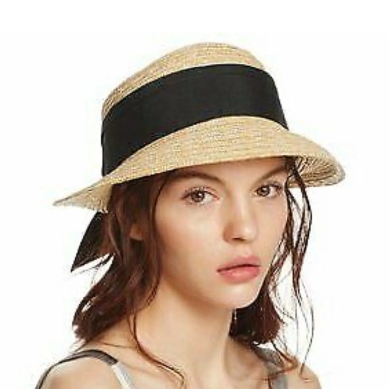 AQUA Natural Tan Straw Sunhat w/ Black Band & Bow, NWT!