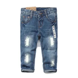 Boys Girls Elastic Waistband Ripped Holes Jeans