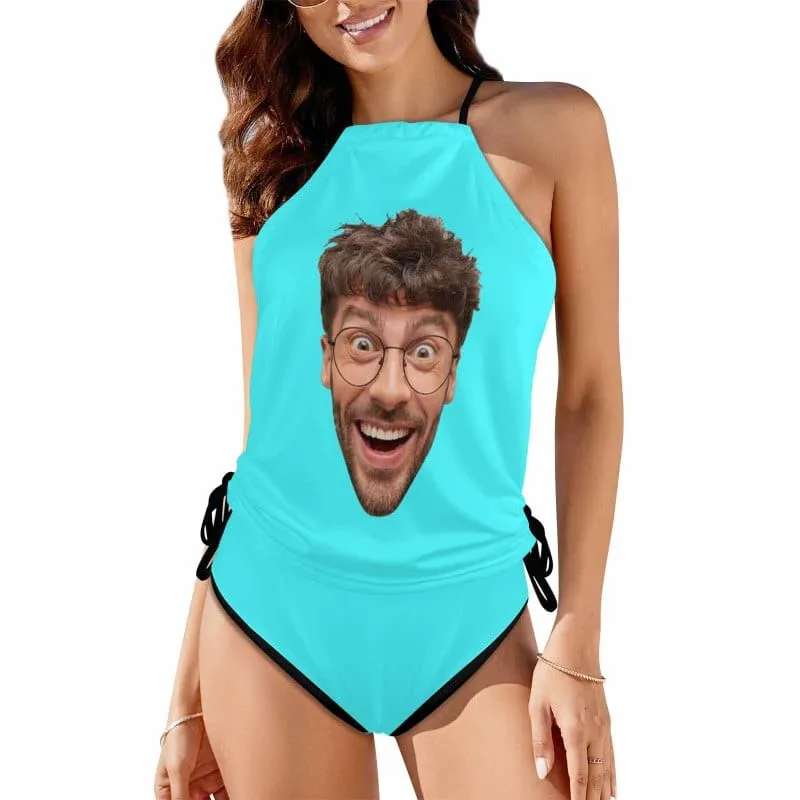 Custom Big Funny Face Womens Sexy Halter Tummy Control Swimsuit Tankini Top Sets Fashion Two Piece Bathing Suit with Tie Side