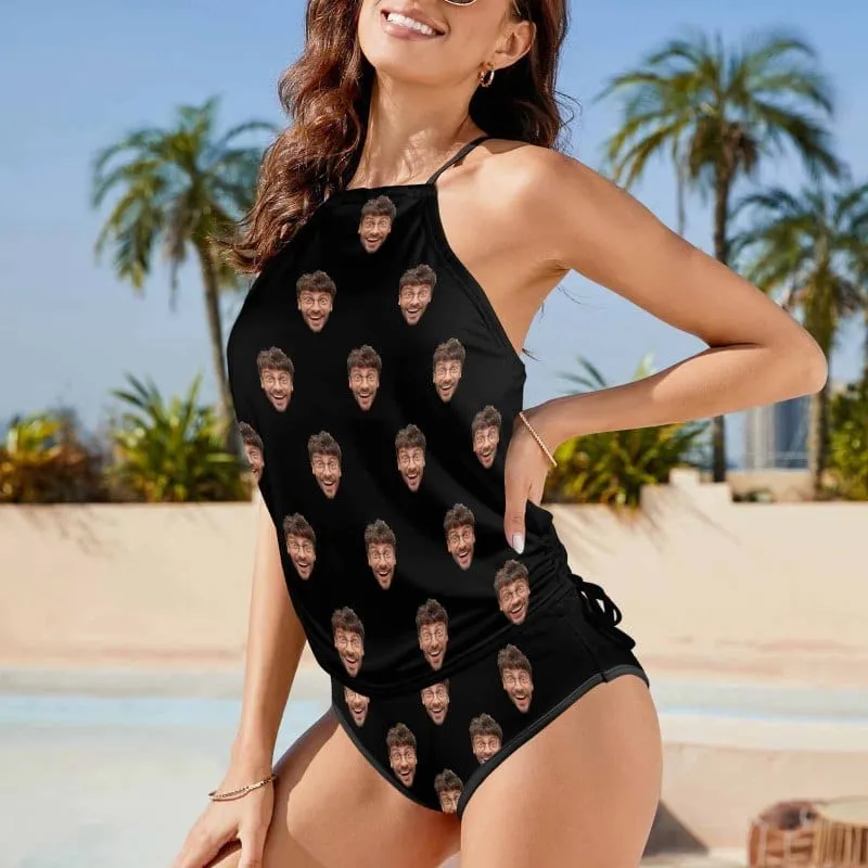 Custom Boyfriend Face All Womens Sexy Halter Tummy Control Swimsuit Tankini Top Sets Fashion Two Piece Bathing Suit with Tie Side