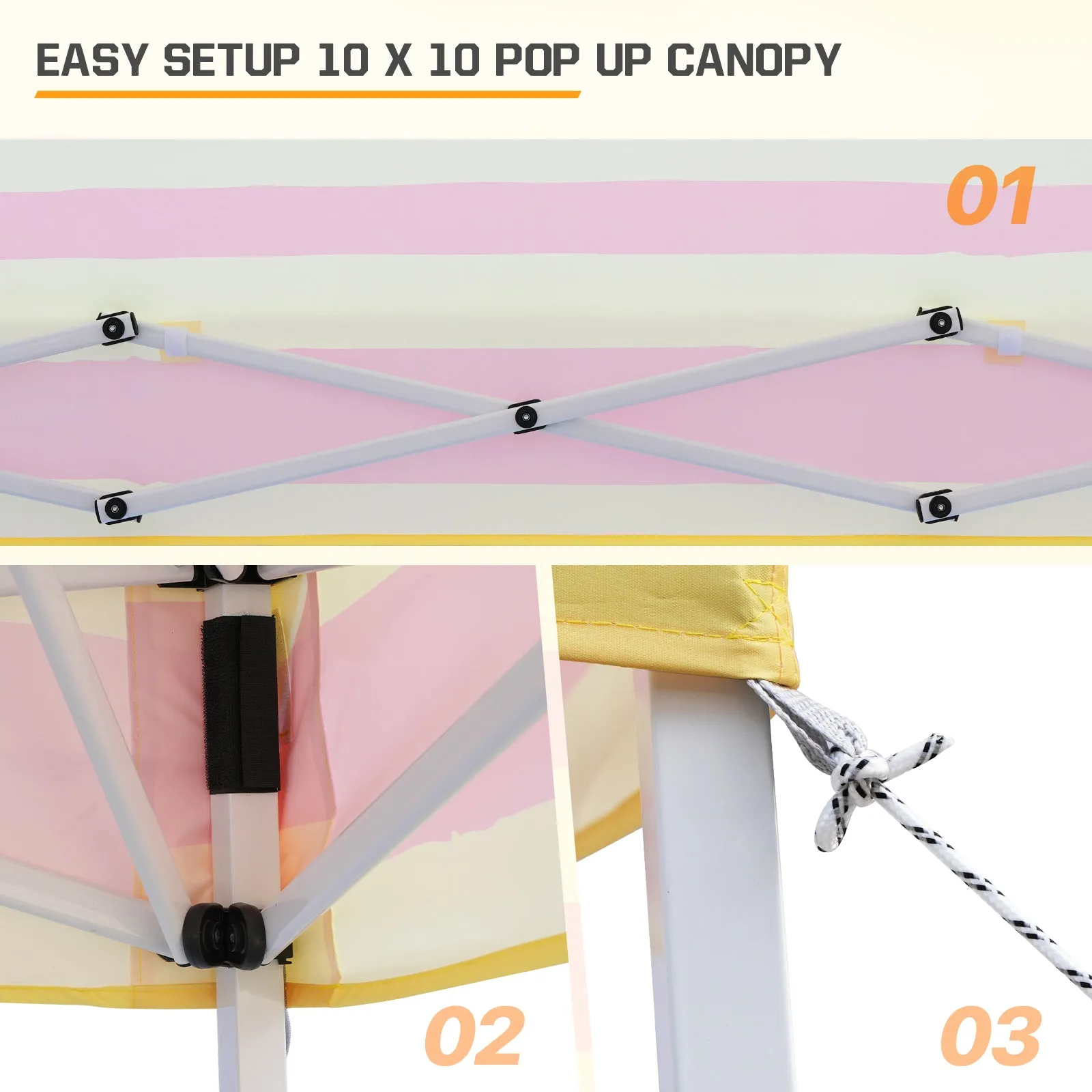 Eagle Peak SHADE GRAPHiX Slant Leg 10x10 Easy Setup Pop Up Canopy Tent with Digital Printed Orange Yellow Stripe Top