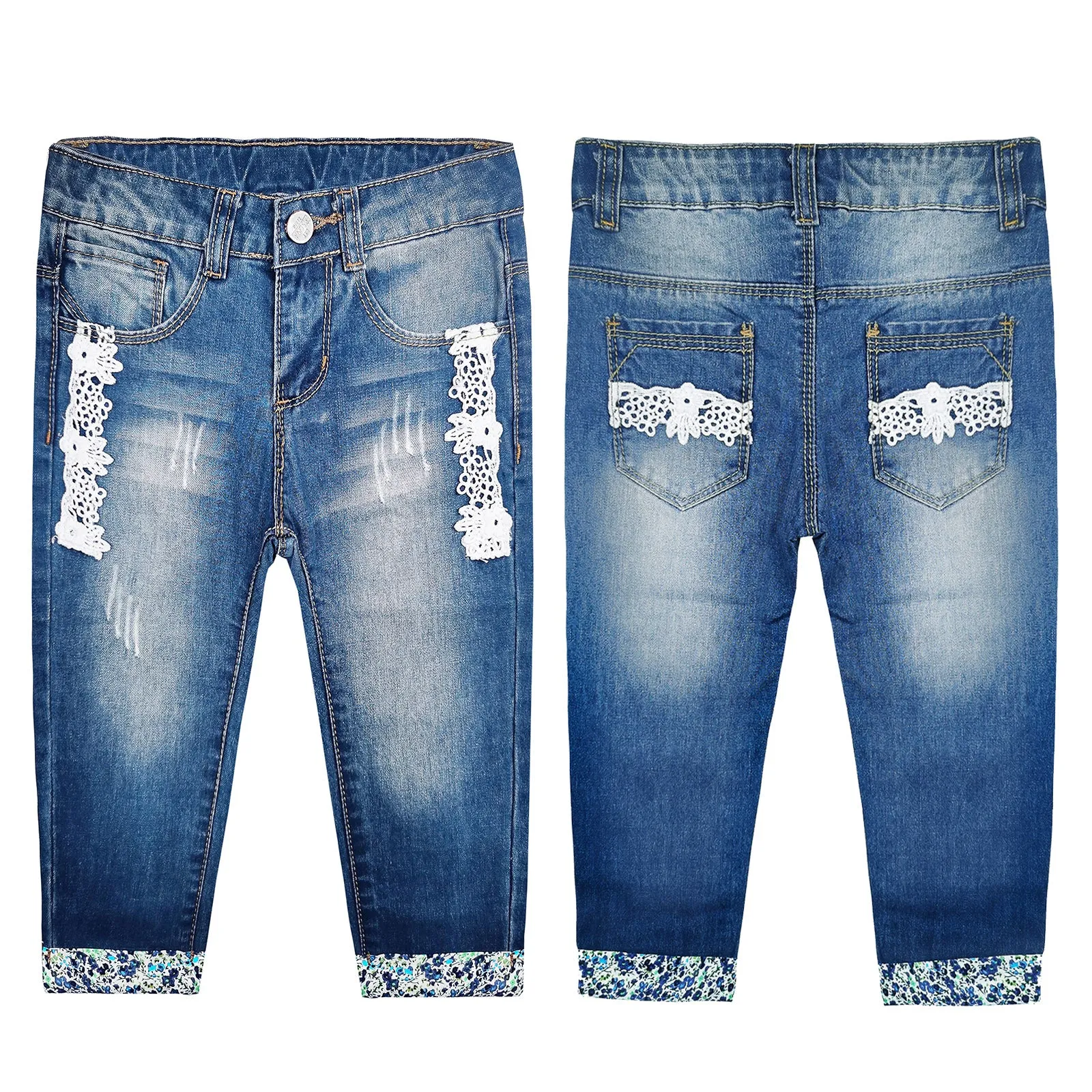 Girls Lace Patched Bottom Ripped Cuffed Jeans