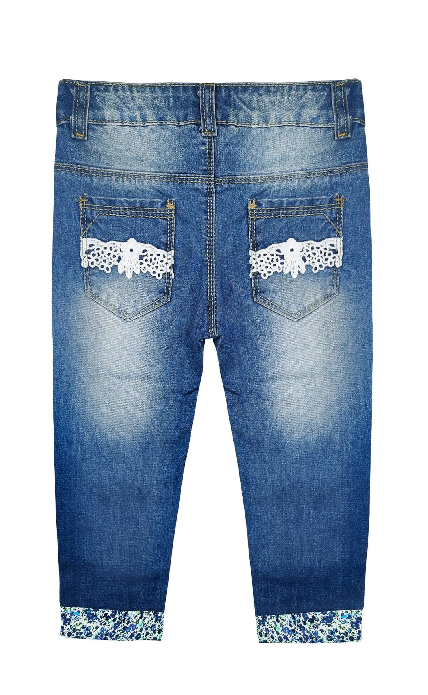 Girls Lace Patched Bottom Ripped Cuffed Jeans