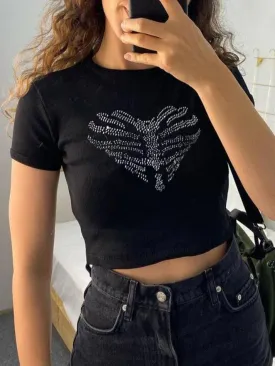 Heart Rhinestone Print Cropped Short Sleeve Tee