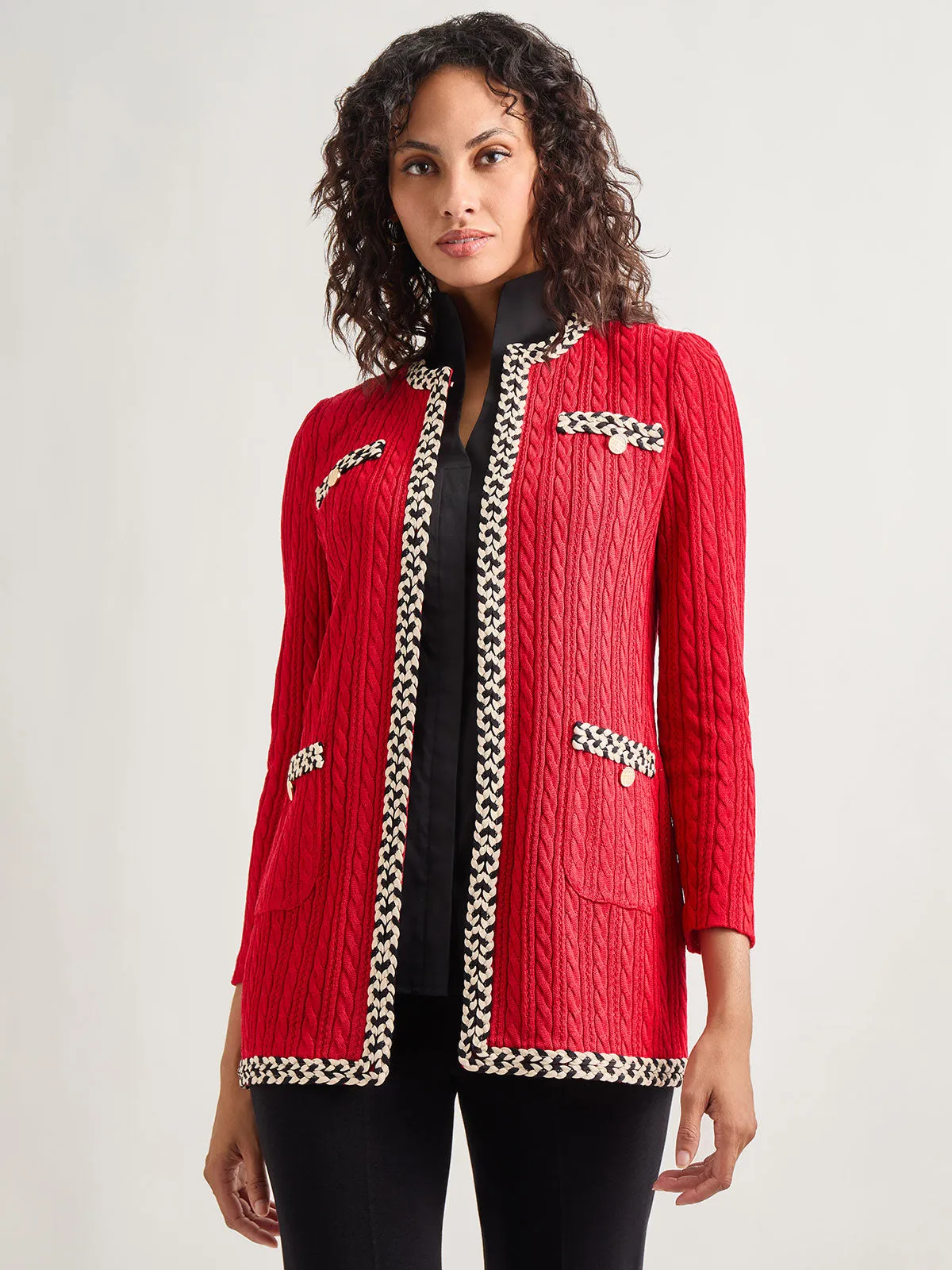 Jewel Neck Contrast Trim Cable Knit Jacket