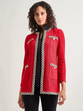 Jewel Neck Contrast Trim Cable Knit Jacket