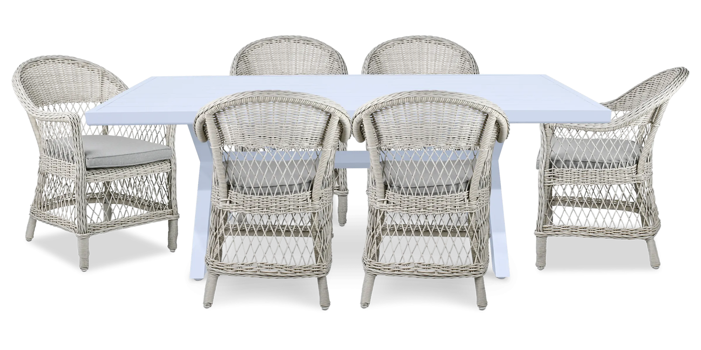 Noosa Rectangle 7 Piece Outdoor Setting in Arctic White with Wicker Chairs